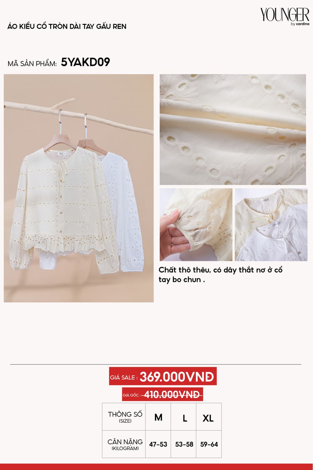 Áo kiểu cổ tròn dài tay gấu ren