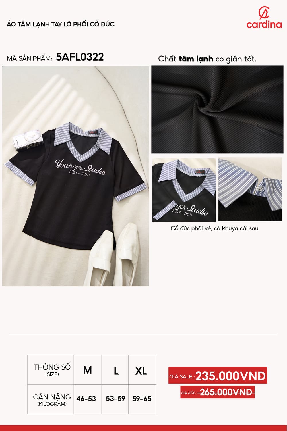 Áo nữ Cardina vải tăm lạnh tay lỡ phối cổ Đức