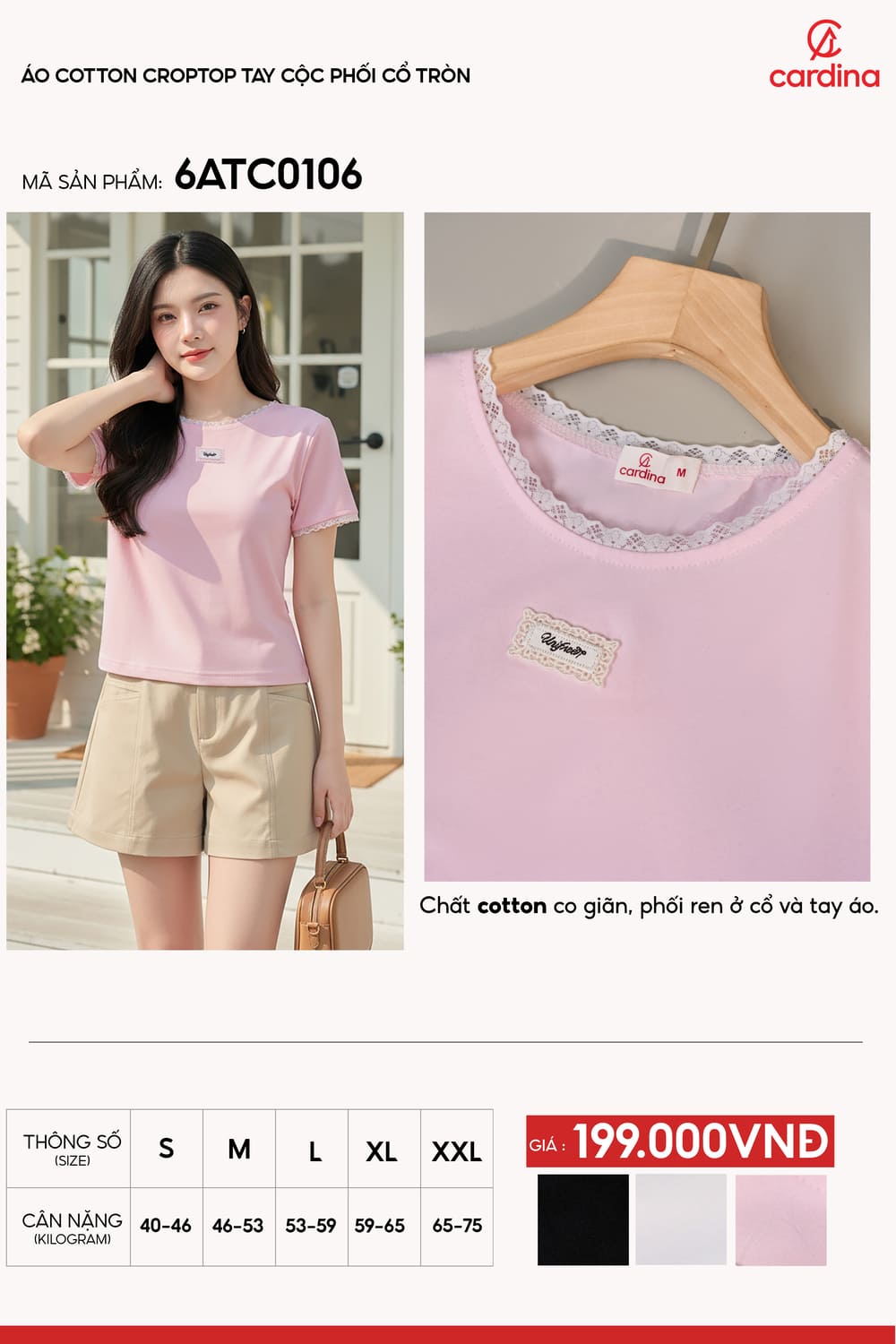 Áo Cotton Croptop nữ phối ren cổ tròn dáng ôm