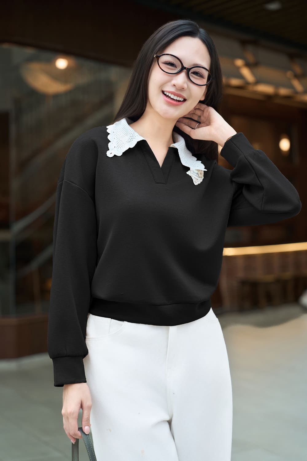 Áo kiểu nữ Cardina vải umi dáng suông bo gấu phối cổ ren