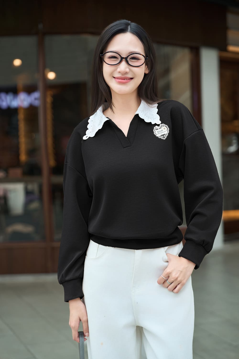 Áo kiểu nữ Cardina vải umi dáng suông bo gấu phối cổ ren