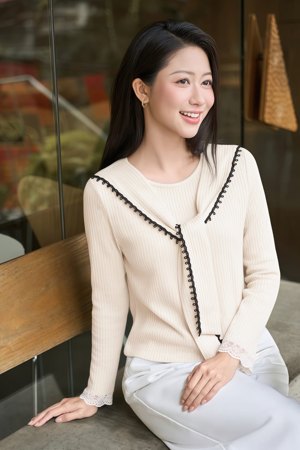 Áo len tăm nữ dài tay cổ phối giả khăn thắt nơ viền bèo