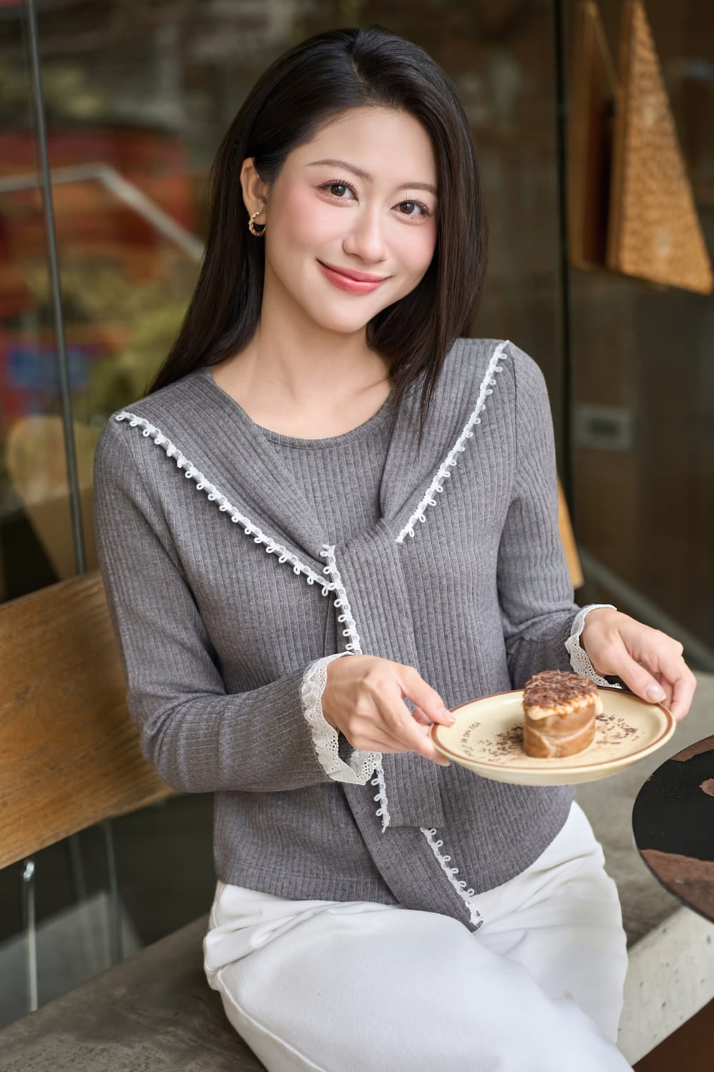 Áo len tăm nữ dài tay cổ phối giả khăn thắt nơ viền bèo