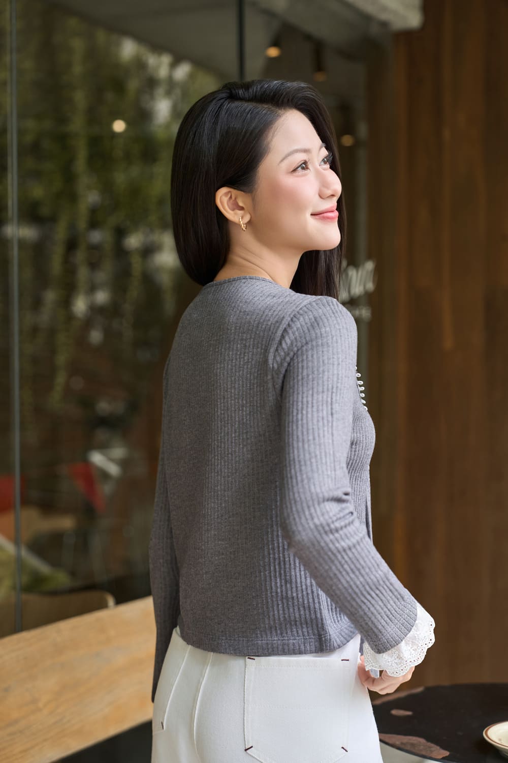 Áo len tăm nữ dài tay cổ phối giả khăn thắt nơ viền bèo