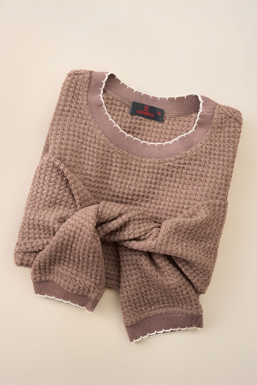 Áo len nữ dệt tổ ong dài tay cổ tròn phối viền