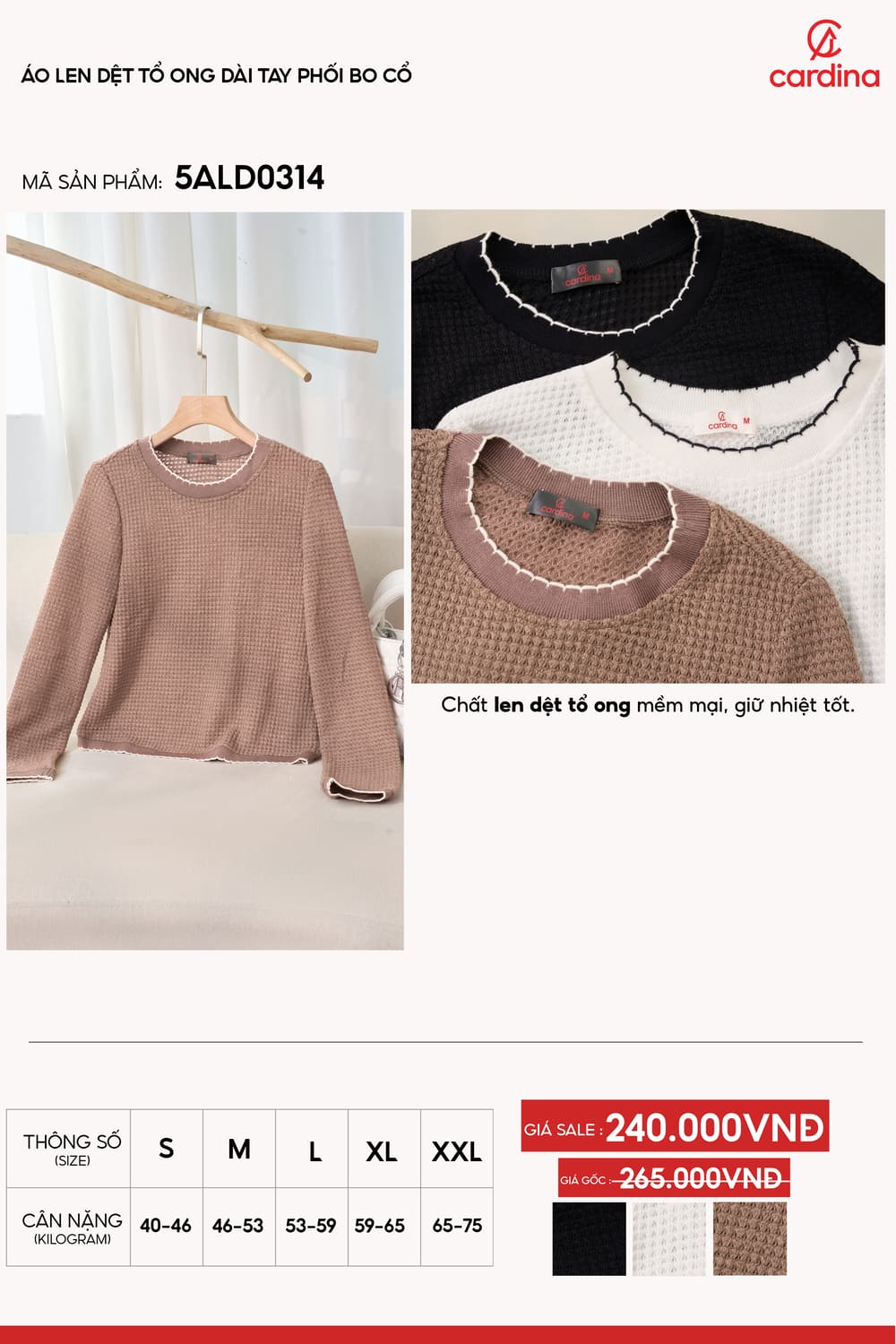 Áo len nữ dệt tổ ong dài tay cổ tròn phối viền