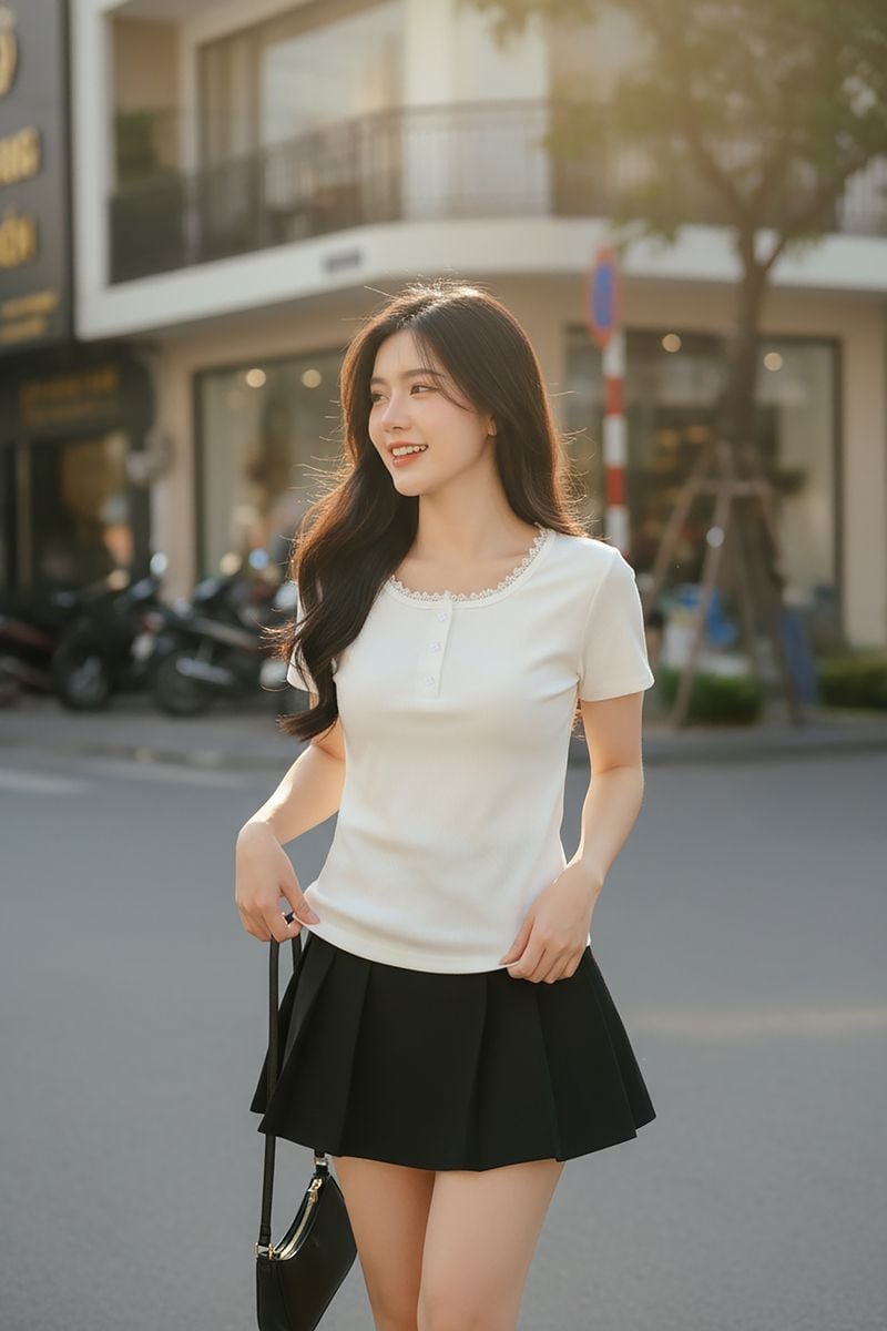 Áo phông Cardina mix cùng chân váy ngắn