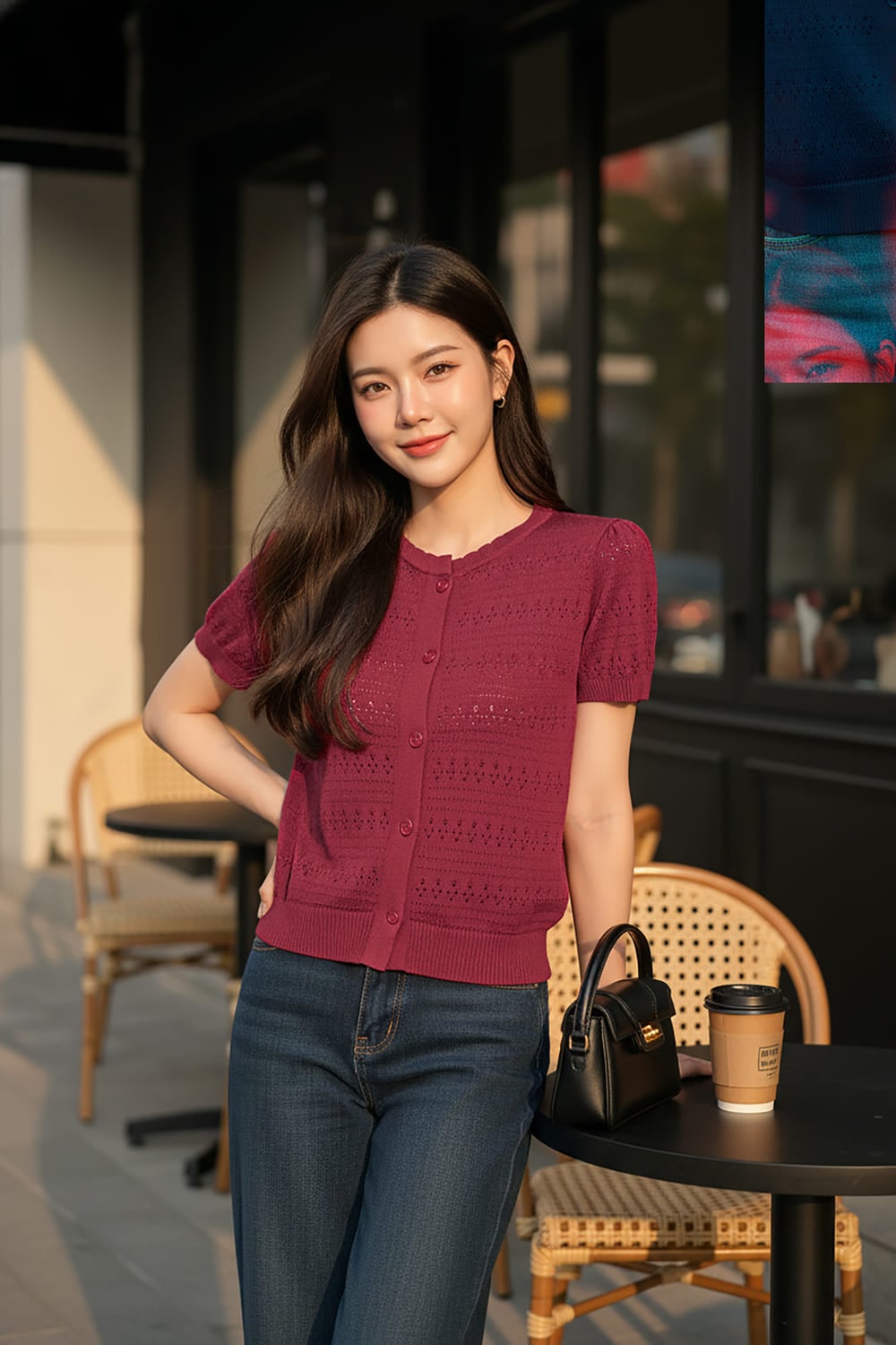 Áo sợi Cotton tay cộc cổ tròn bo gấu dệt họa tiết tinh tế