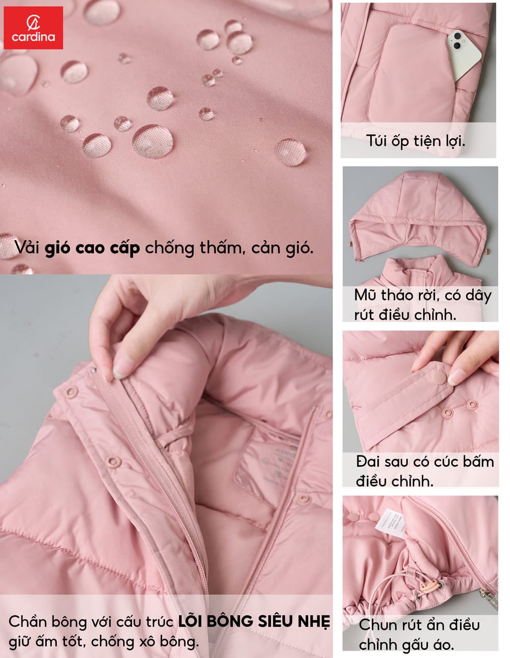 Áo phao gile Cardina dòng Thu Đông vải gió chống thấm dáng có mũ siêu nhẹ