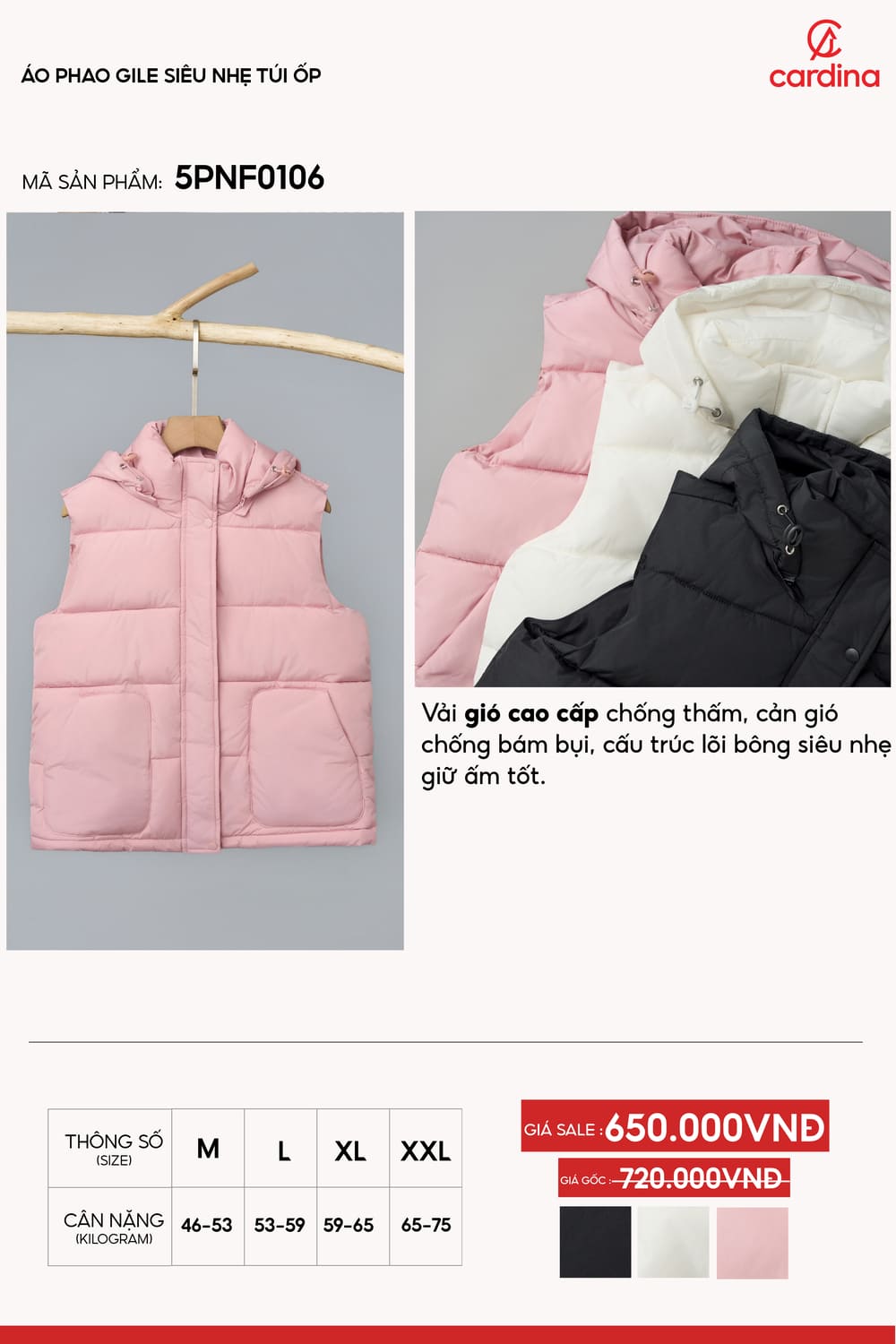 Áo phao gile Cardina dòng Thu Đông vải gió chống thấm dáng có mũ siêu nhẹ
