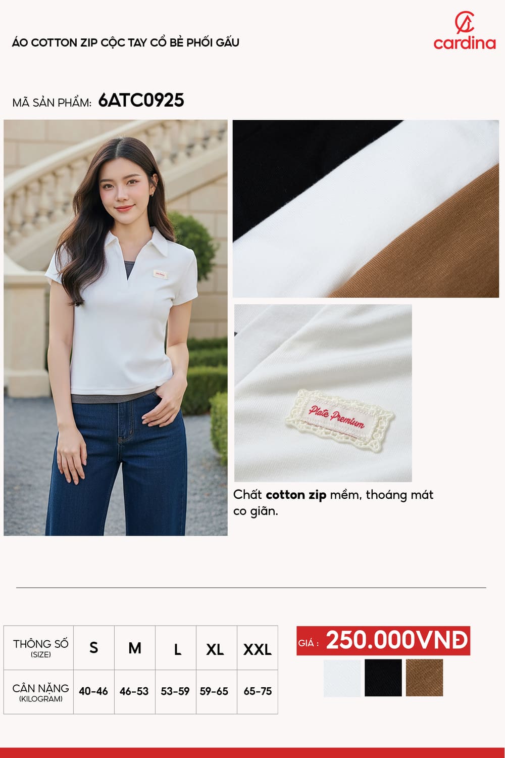 Áo cotton zip cộc tay cổ bẻ phối gấu