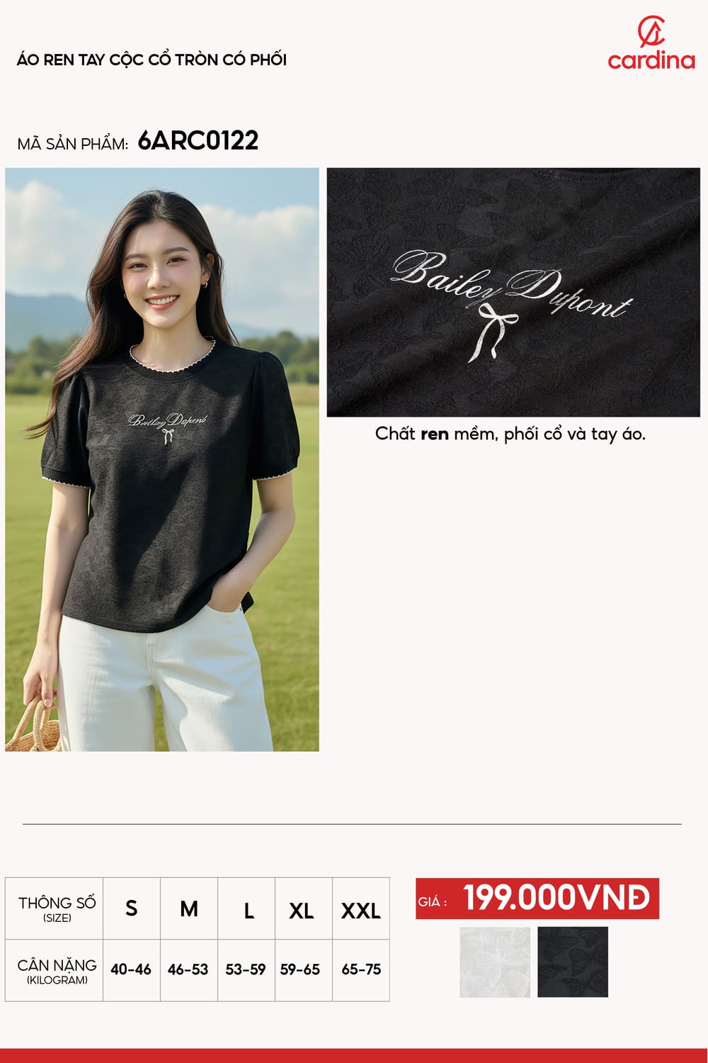 Áo phông vải ren tay cộc cổ tròn phối viền bèo