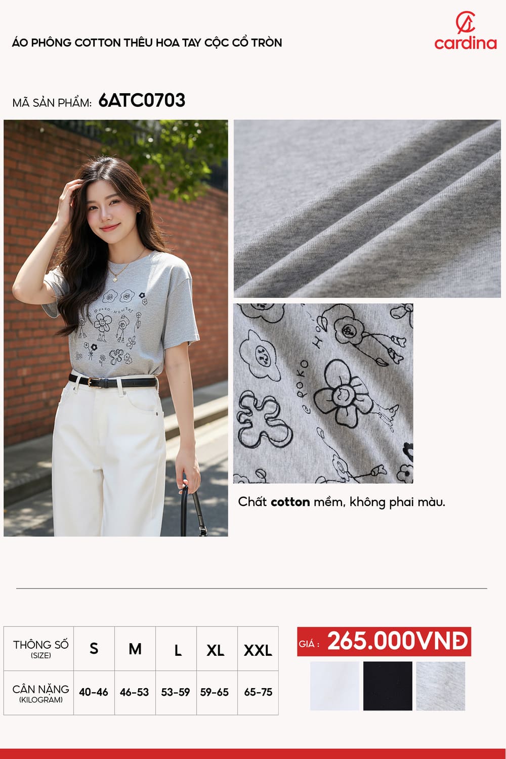 Áo phông Cotton thêu hoa tay cộc cổ tròn năng động