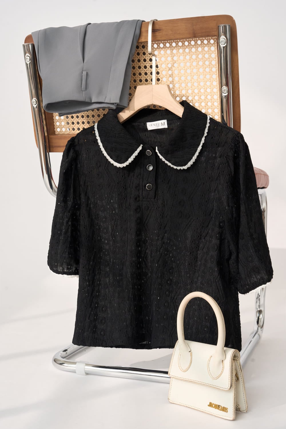 Áo len dệt giả ren nữ Cardina tay lỡ cổ sen phối viền ren