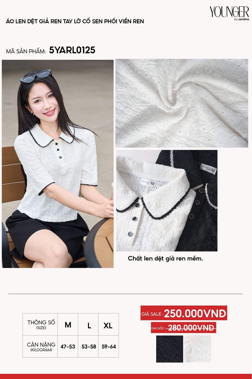 Áo len dệt giả ren nữ Cardina tay lỡ cổ sen phối viền ren