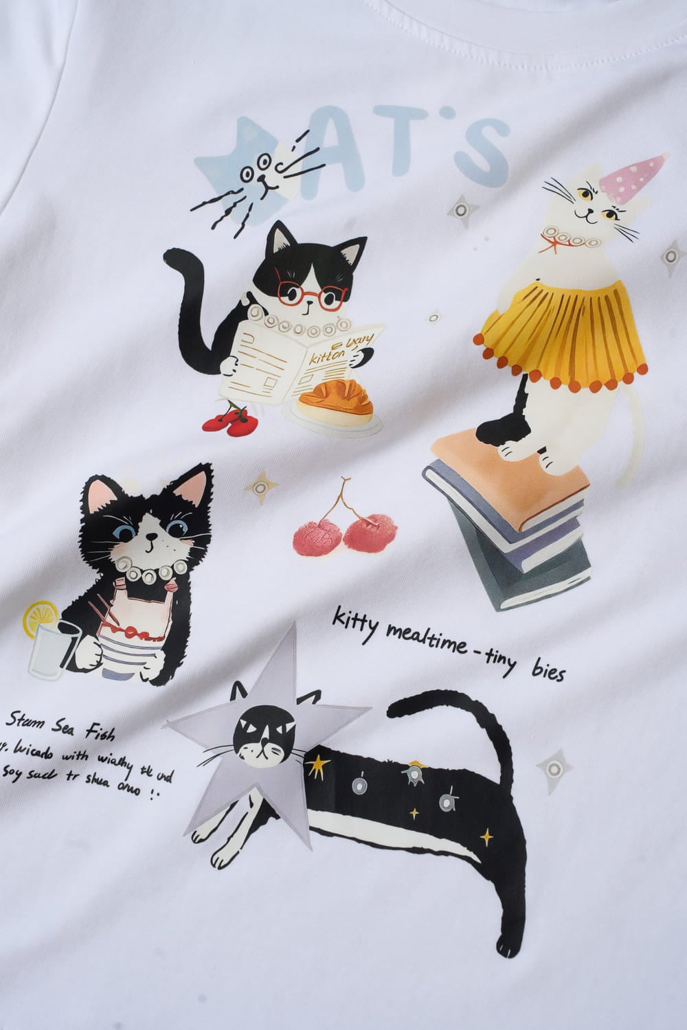 Áo phông nữ Cotton co giãn cổ tròn in hình mèo