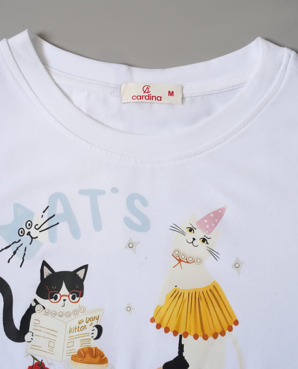 Áo phông nữ Cotton co giãn cổ tròn in hình mèo