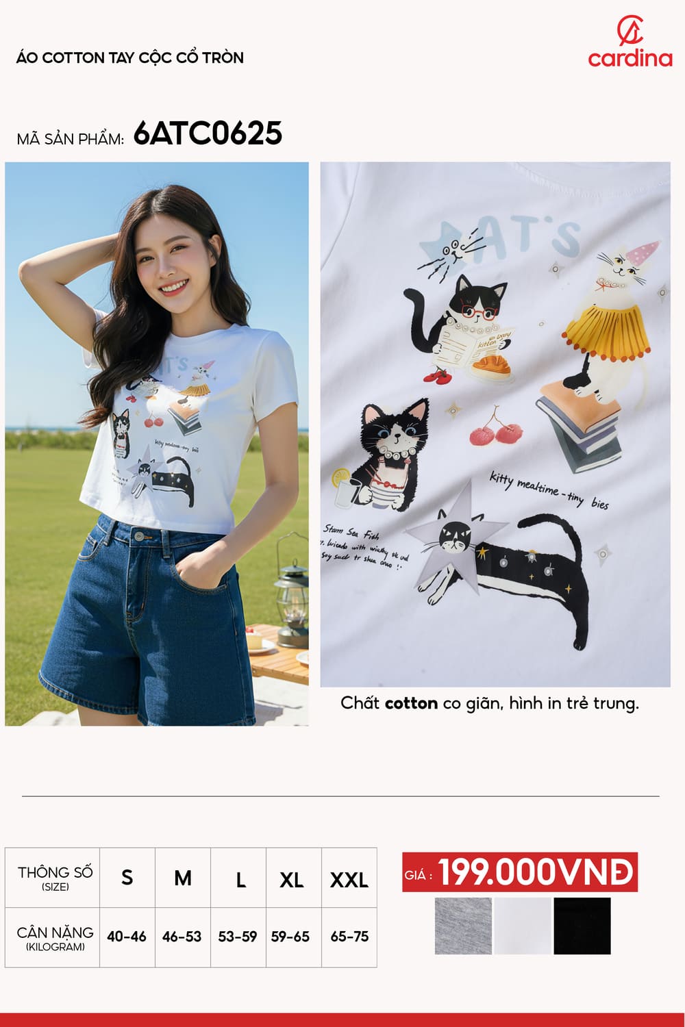 Áo phông nữ Cotton co giãn cổ tròn in hình mèo