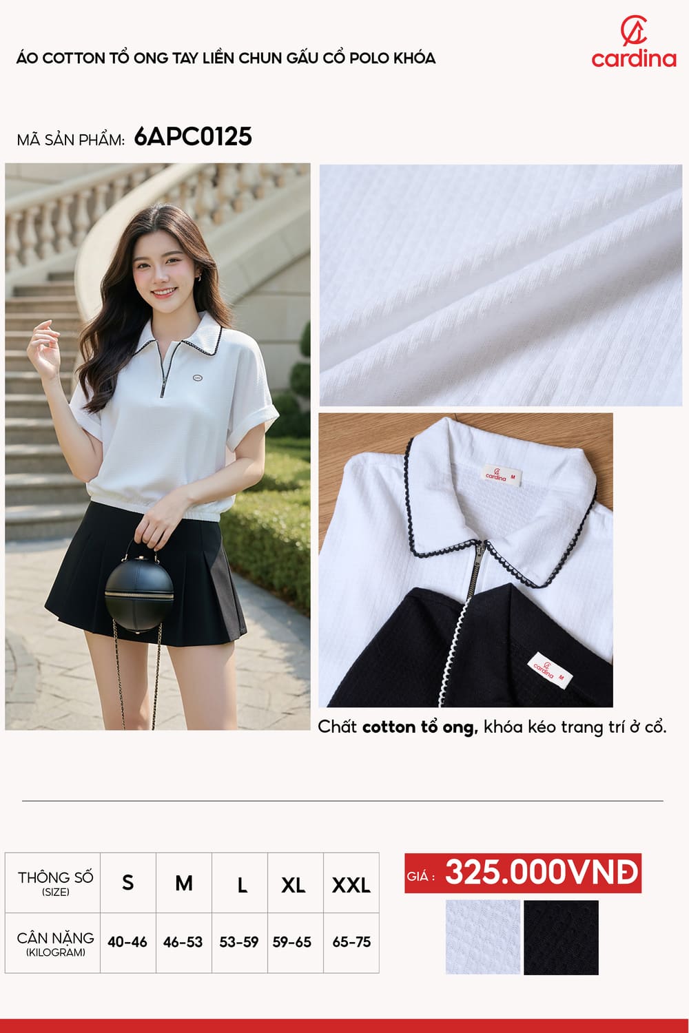 Áo Polo Cotton tổ ong tay liền chun gấu phối khóa cổ