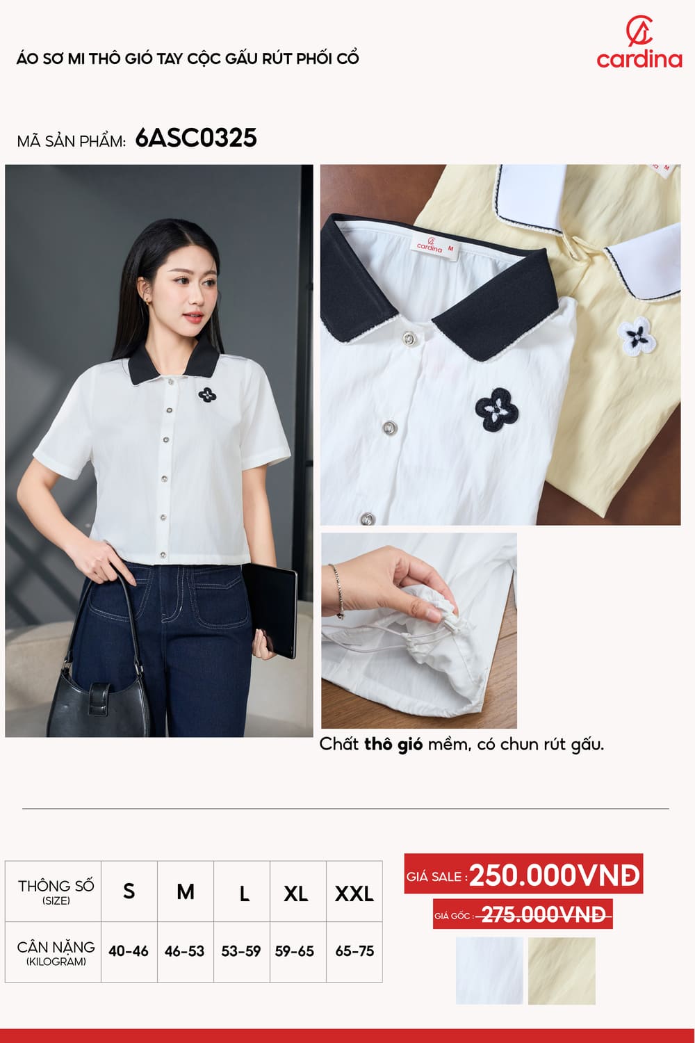 Áo sơ mi vải thô gió tay cộc gấu rút phối cổ