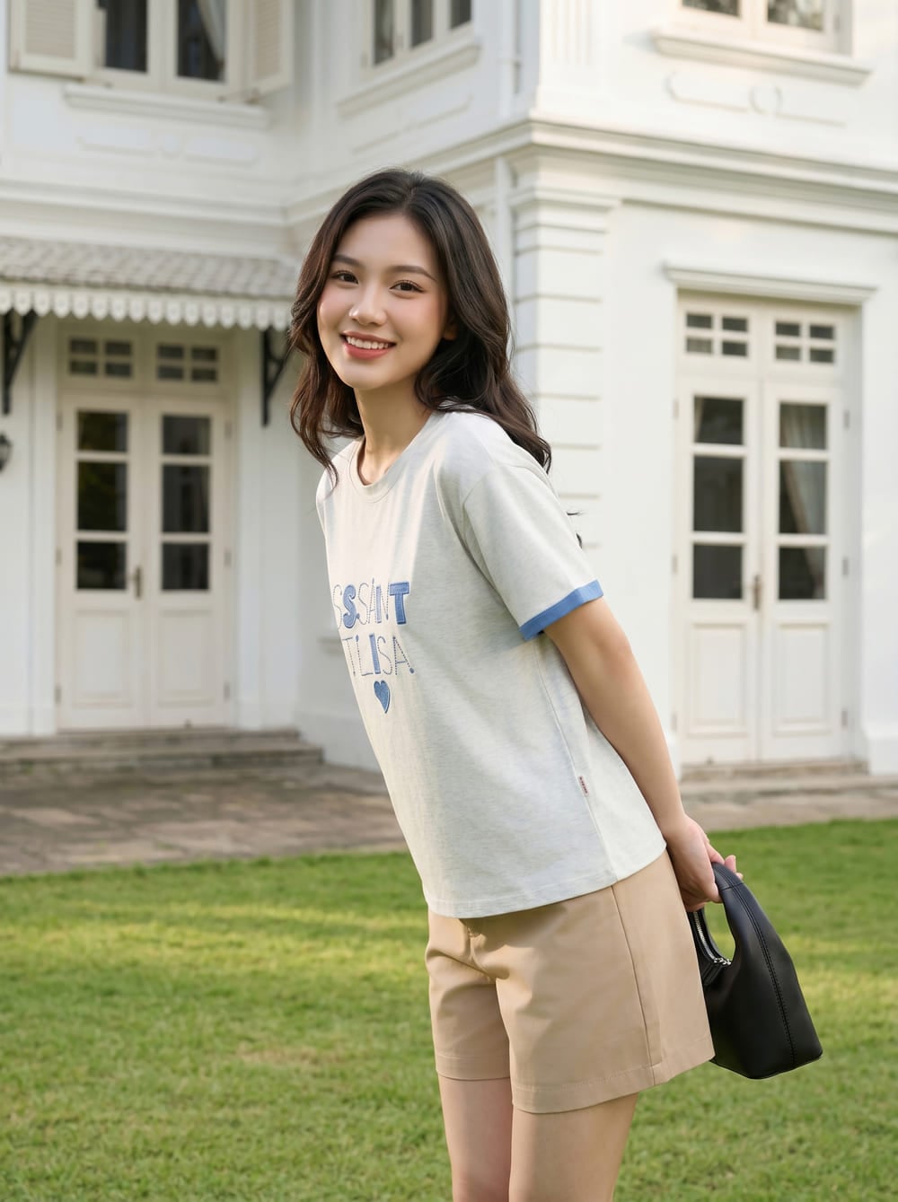 Áo thun cotton cổ tròn tay cộc phối