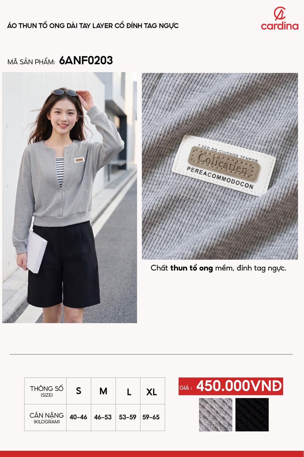Áo thun tổ ong dài tay layer cổ đính tag ngực