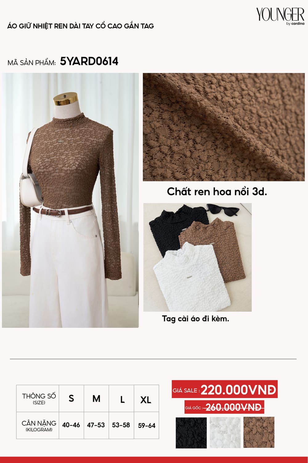 Áo giữ nhiệt nữ Younger vải ren hoa nổi 3D dáng dài tay cổ cao
