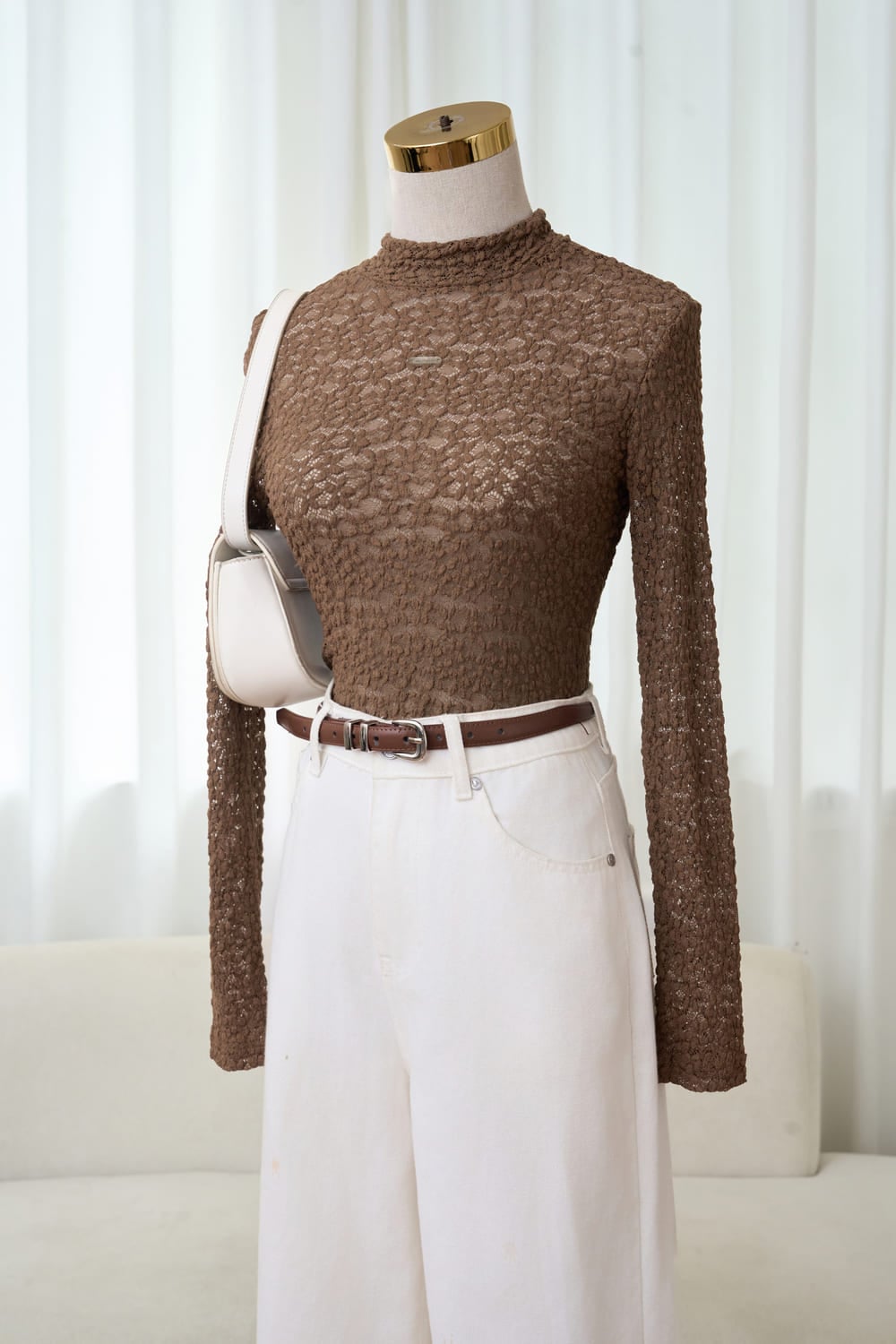 Áo giữ nhiệt nữ Younger vải ren hoa nổi 3D dáng dài tay cổ cao