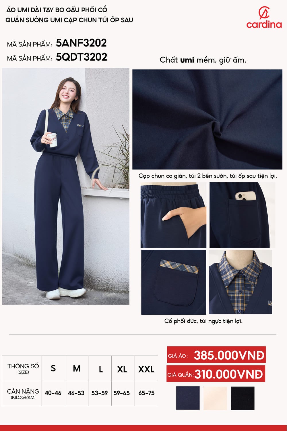 Áo dài tay nữ Cardina vải umi bo gấu phối cổ