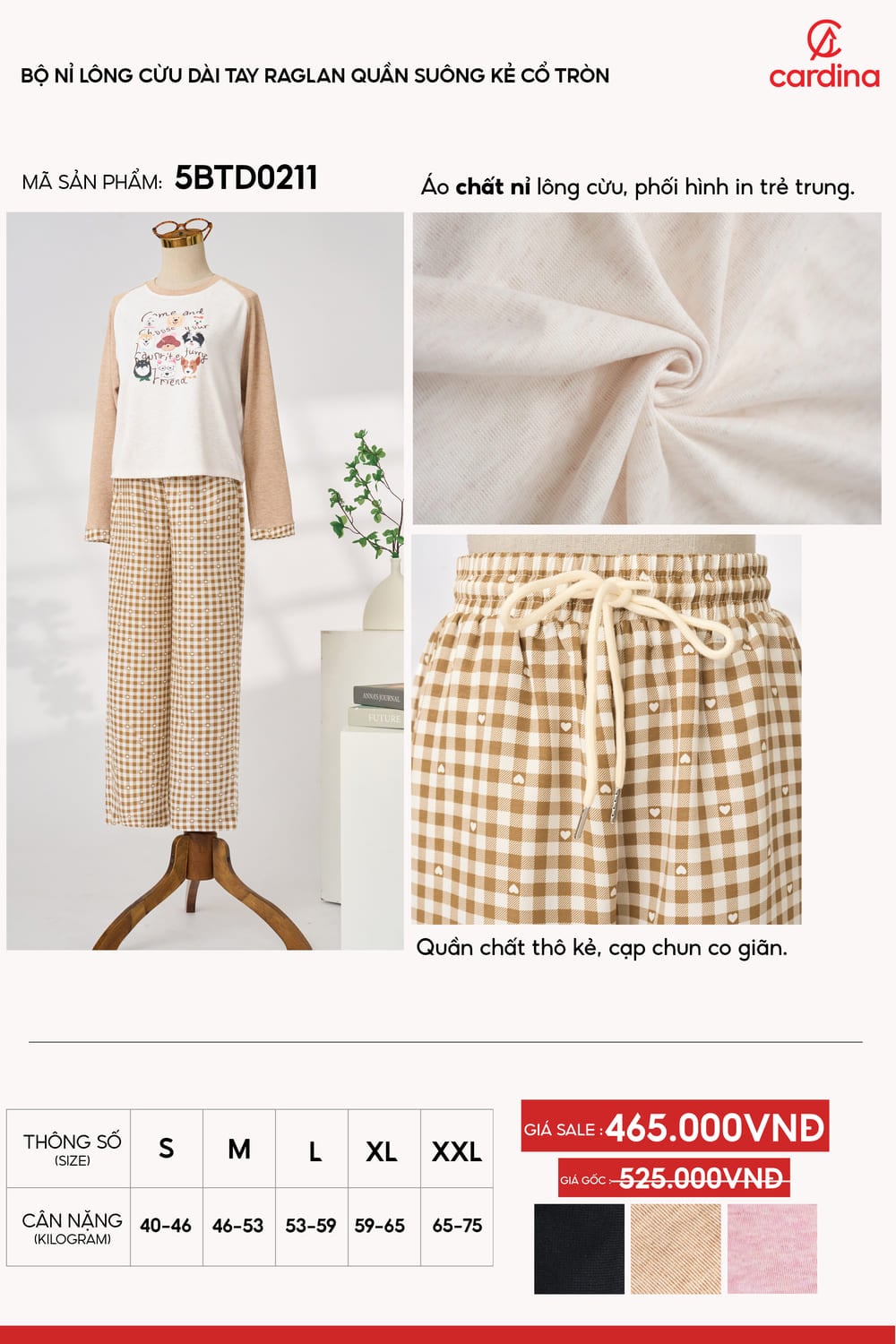 Vải Nỉ lông cừu quần thô kẻ suông dài in hình cổ tròn