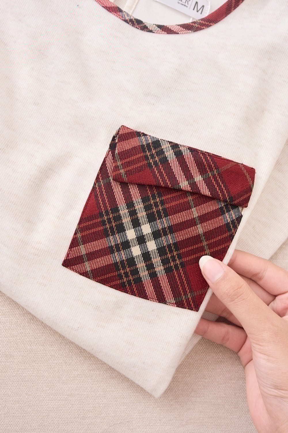 Bộ nỉ lông cừu quần thô kẻ dáng suông phối túi ốp