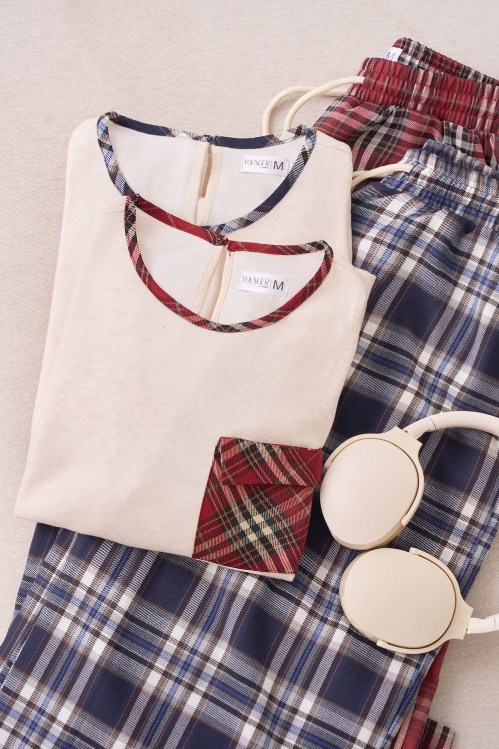 Bộ nỉ lông cừu quần thô kẻ dáng suông phối túi ốp