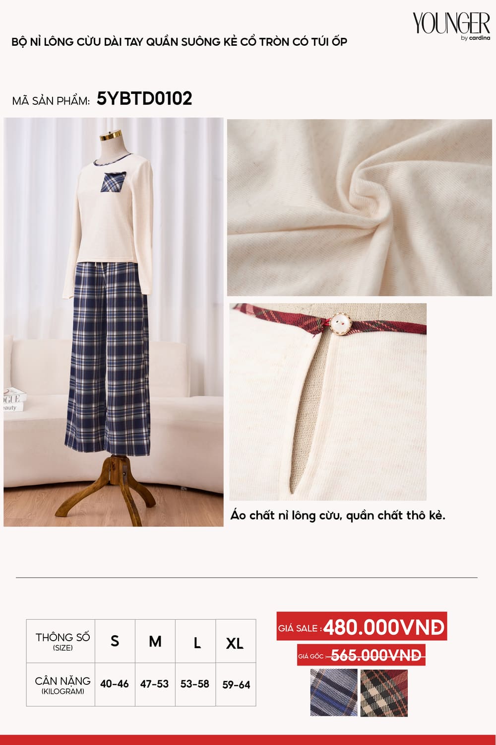 Bộ nỉ lông cừu quần thô kẻ dáng suông phối túi ốp