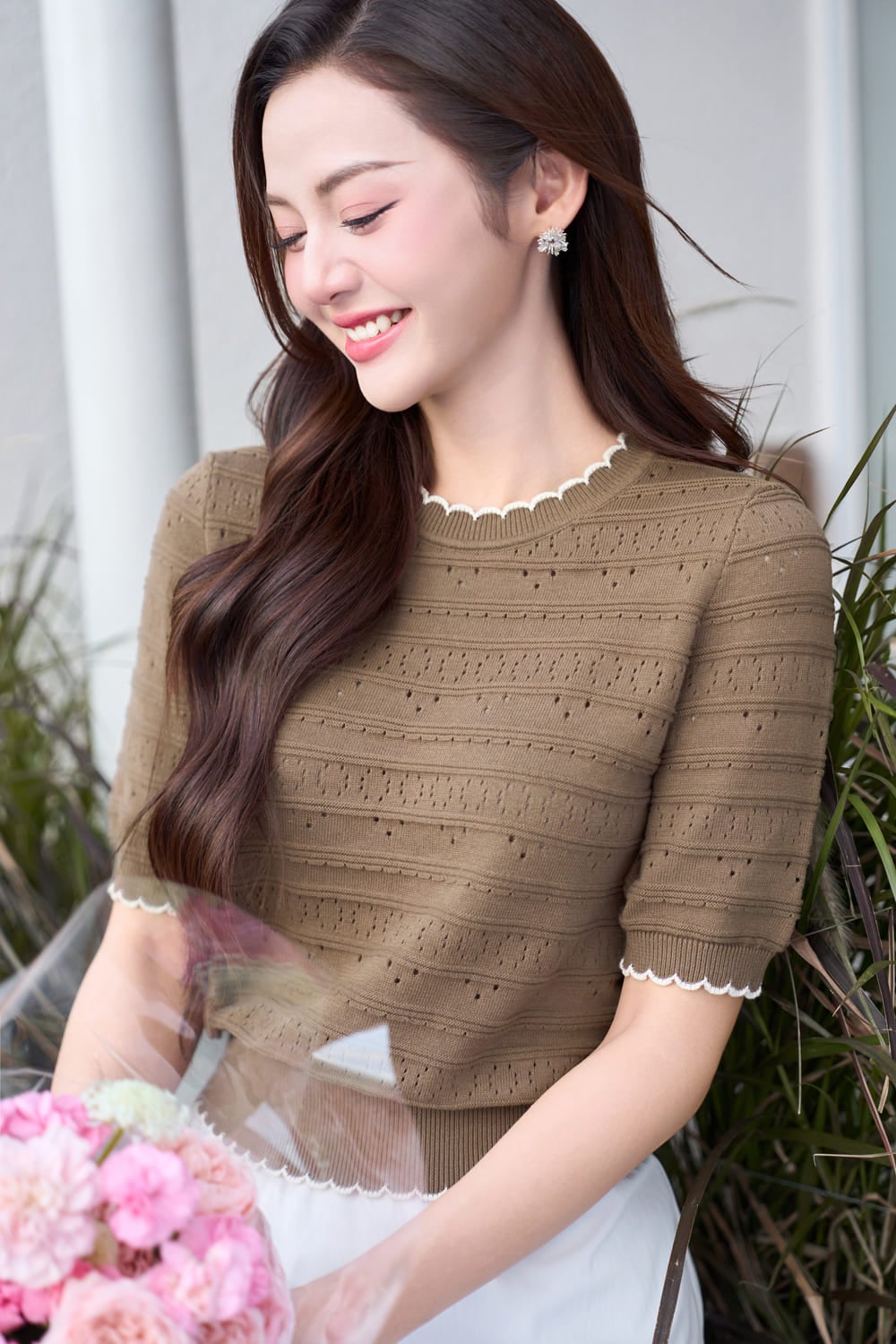 Áo len tay lỡ cổ tròn phối viền