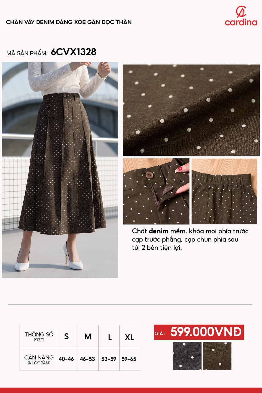 Chân váy denim dáng xòe gân dọc thân