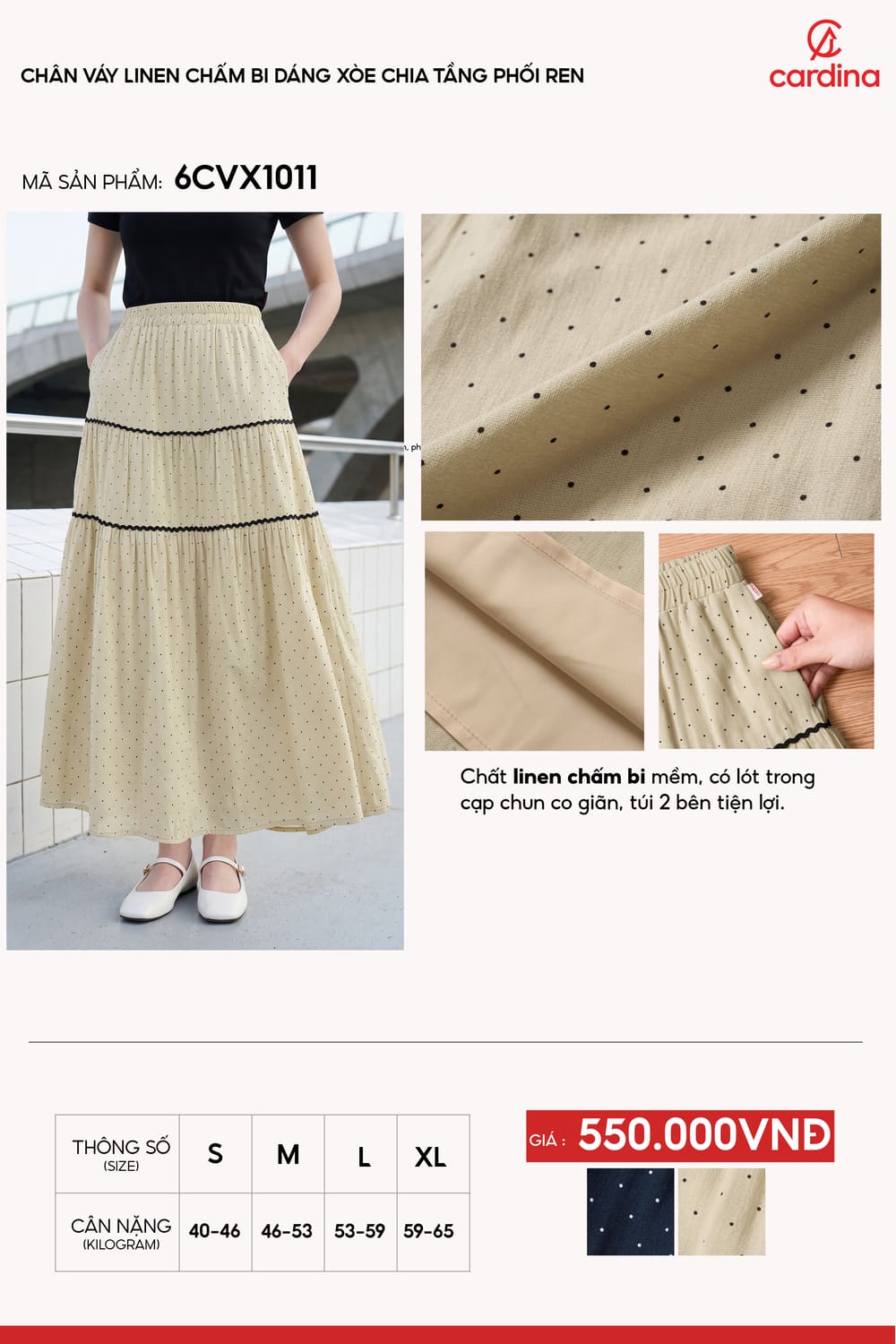 Chân váy linen chấm bi dáng xòe chia tầng phối ren