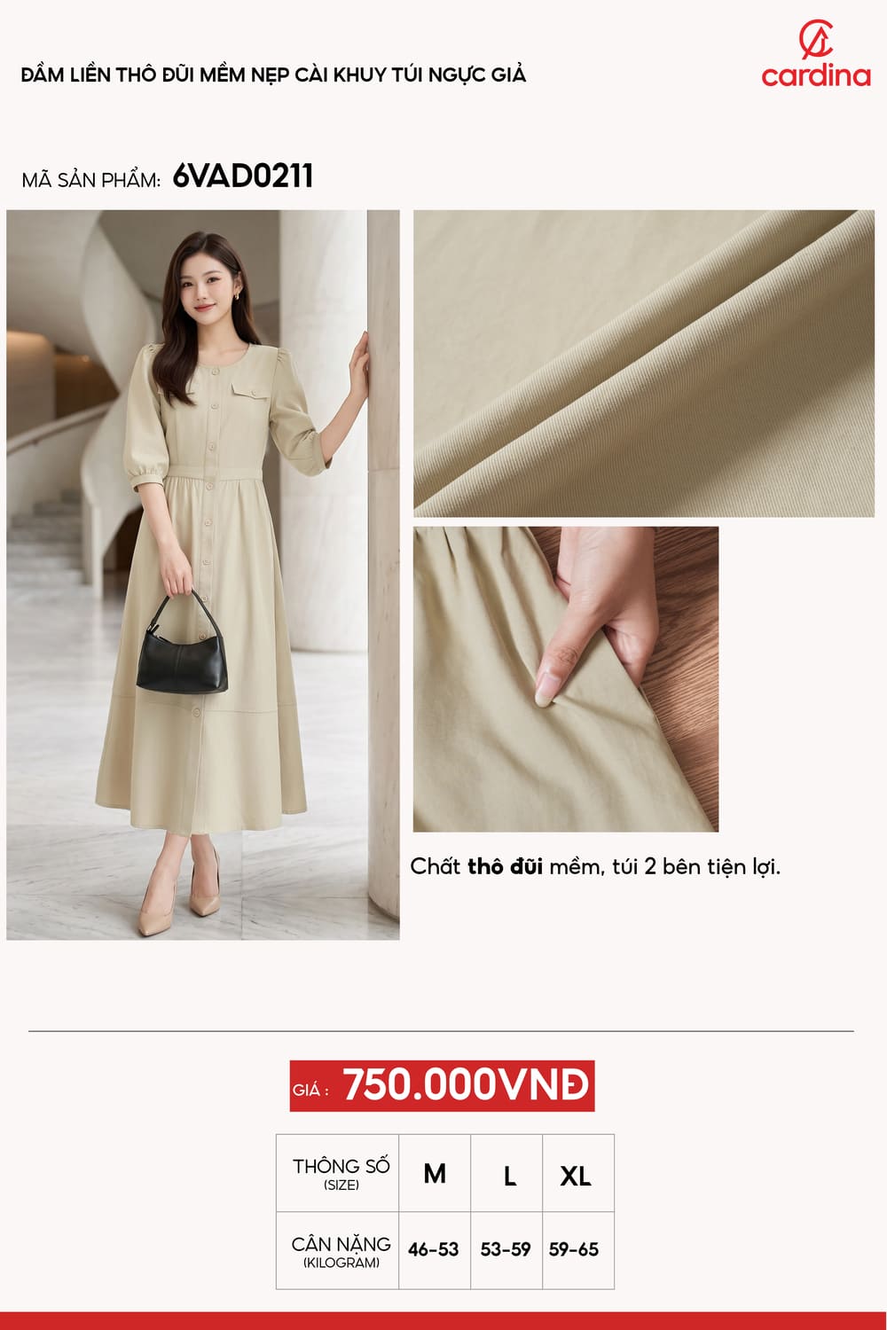 Đầm liền thô đũi nẹp cài khuy túi ngực giả