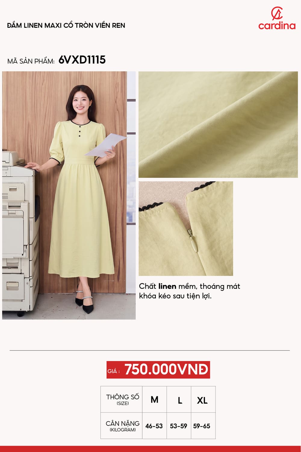 Đầm linen maxi cổ tròn viền ren