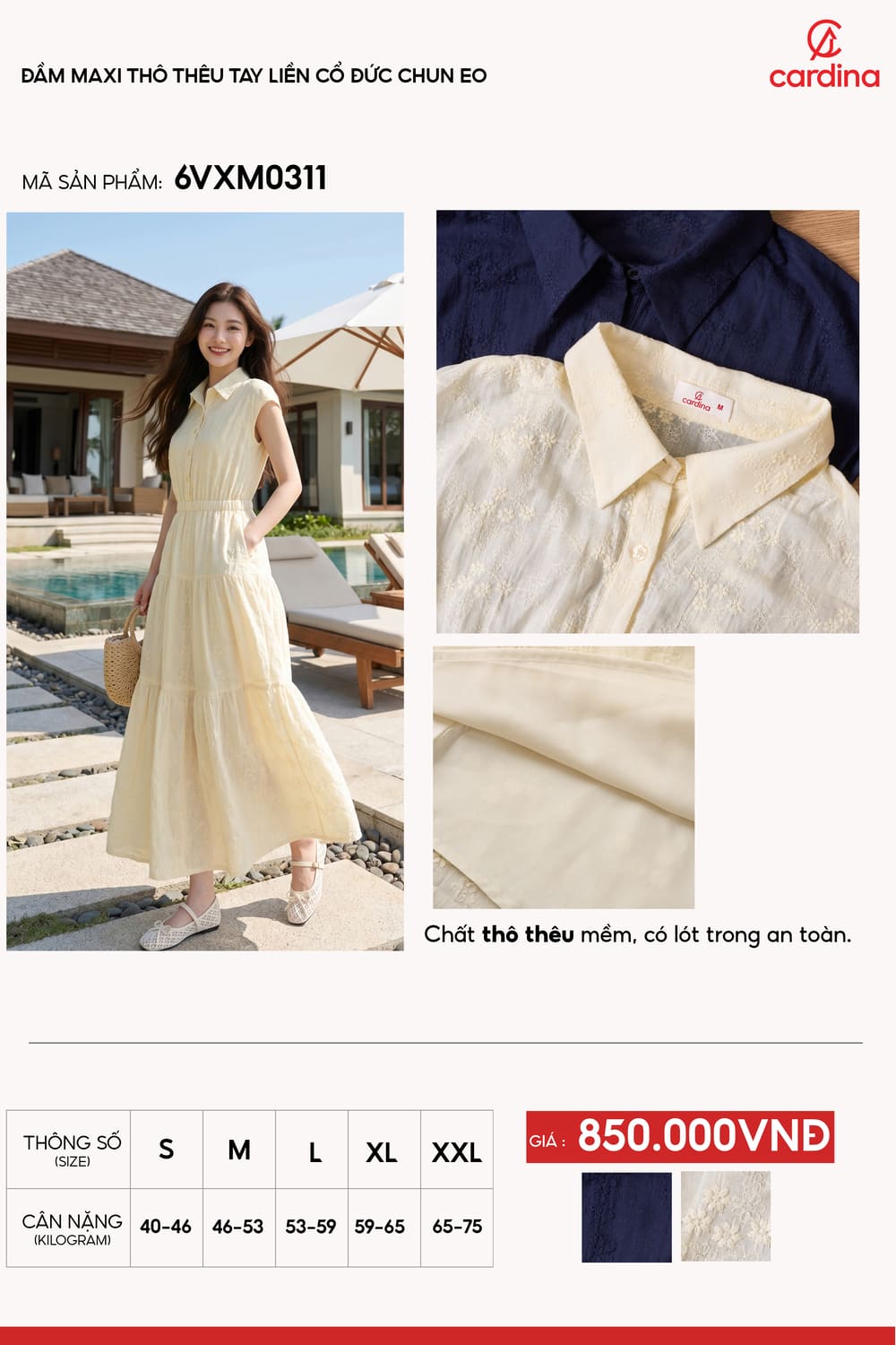 Đầm maxi thô thêu tay liền cổ đức chun eo