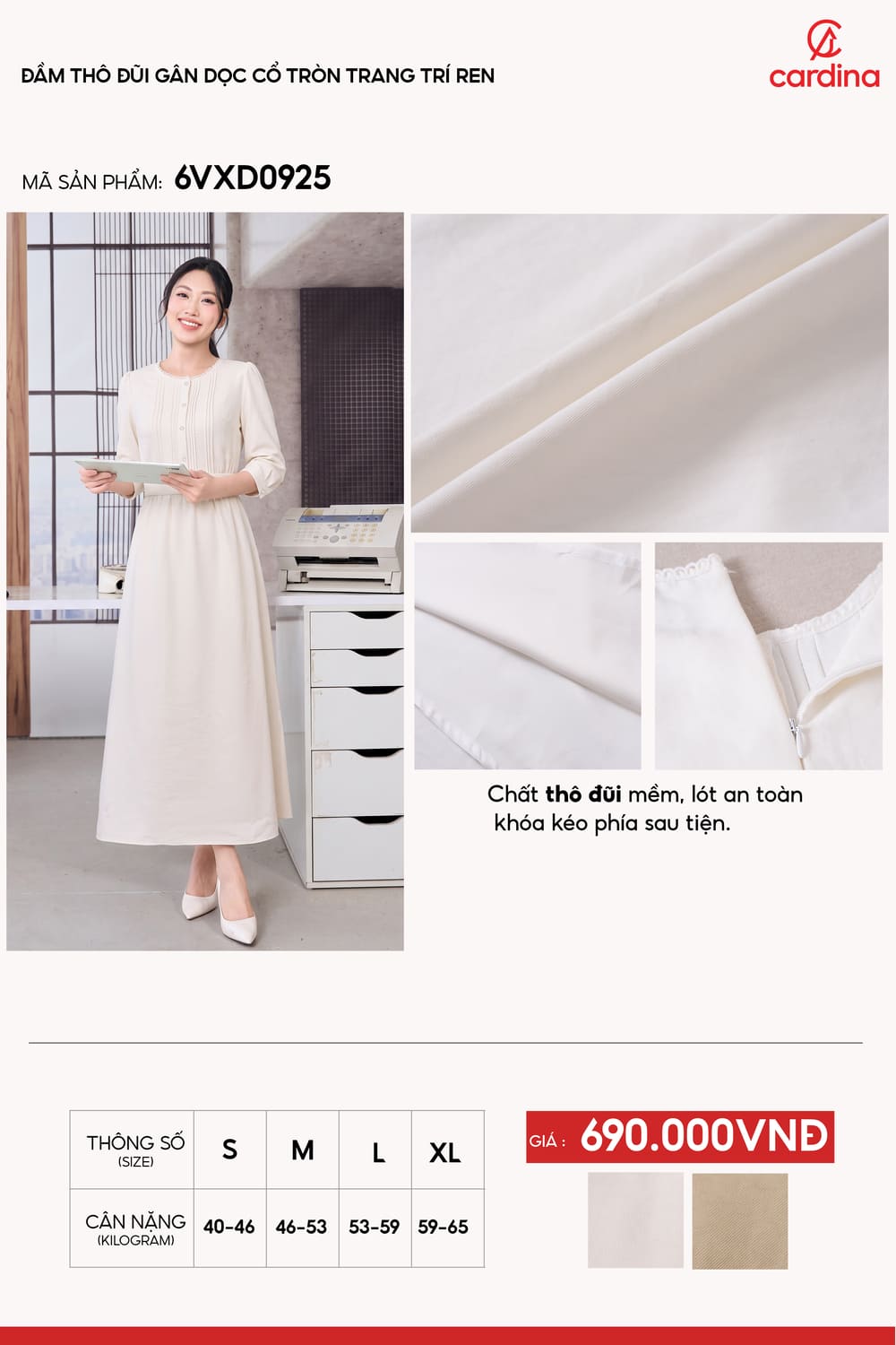 Đầm thô đũi gân dọc cổ tròn trang trí ren