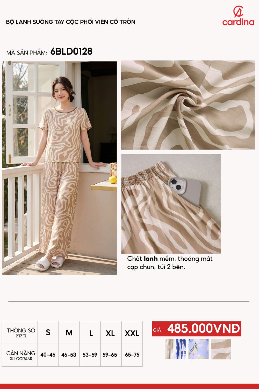 Bộ lanh suông tay cộc phối viền cổ tròn họa tiết hiện đại