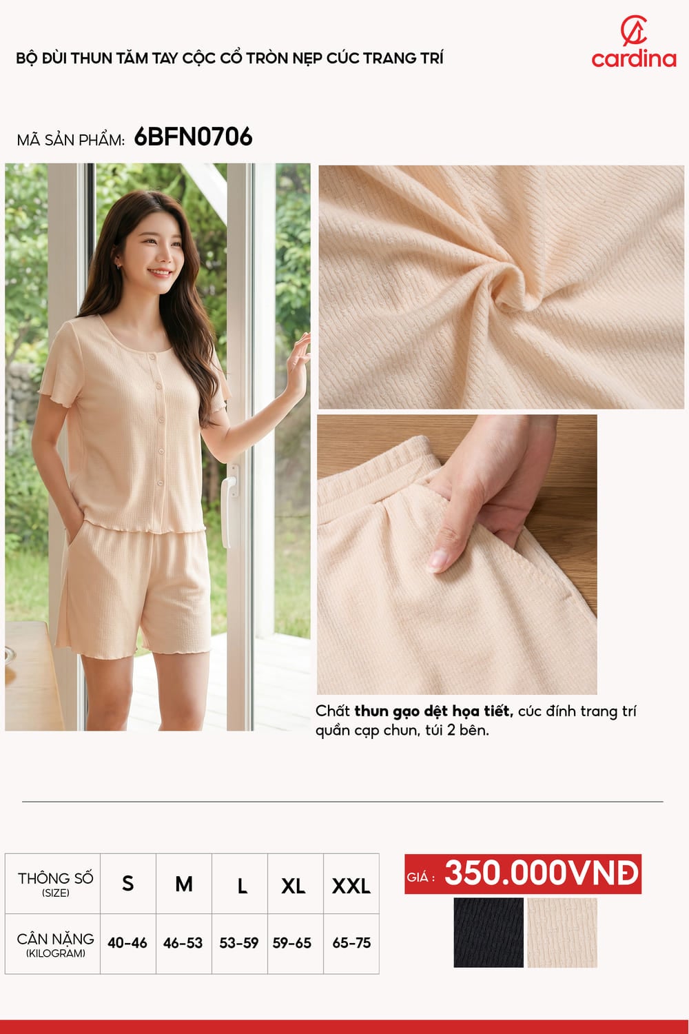 Bộ đồ đùi nữ thun tăm tay cộc nẹp cúc trang trí.
