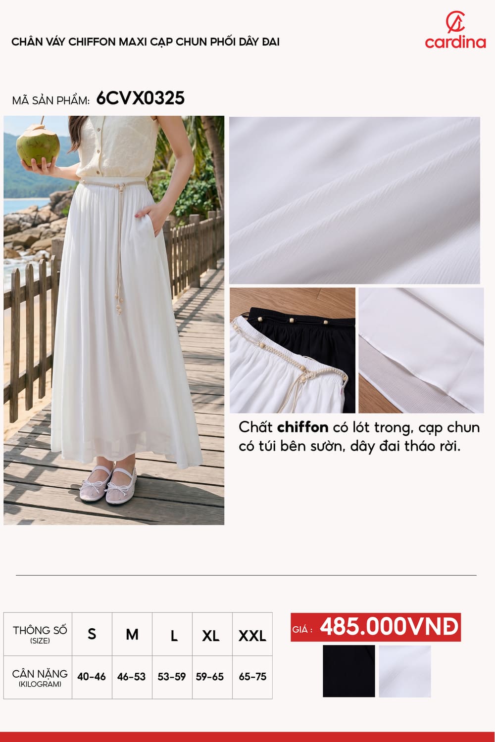 Chân váy Chiffon Maxi cạp chun phối dây đai tinh tế