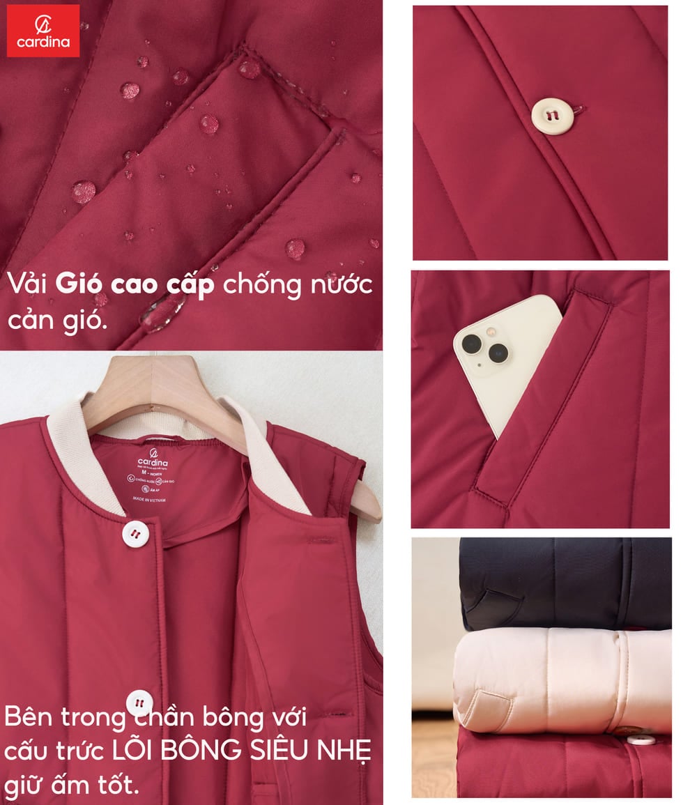 Áo phao gile nữ Cardina bo cổ chần dọc