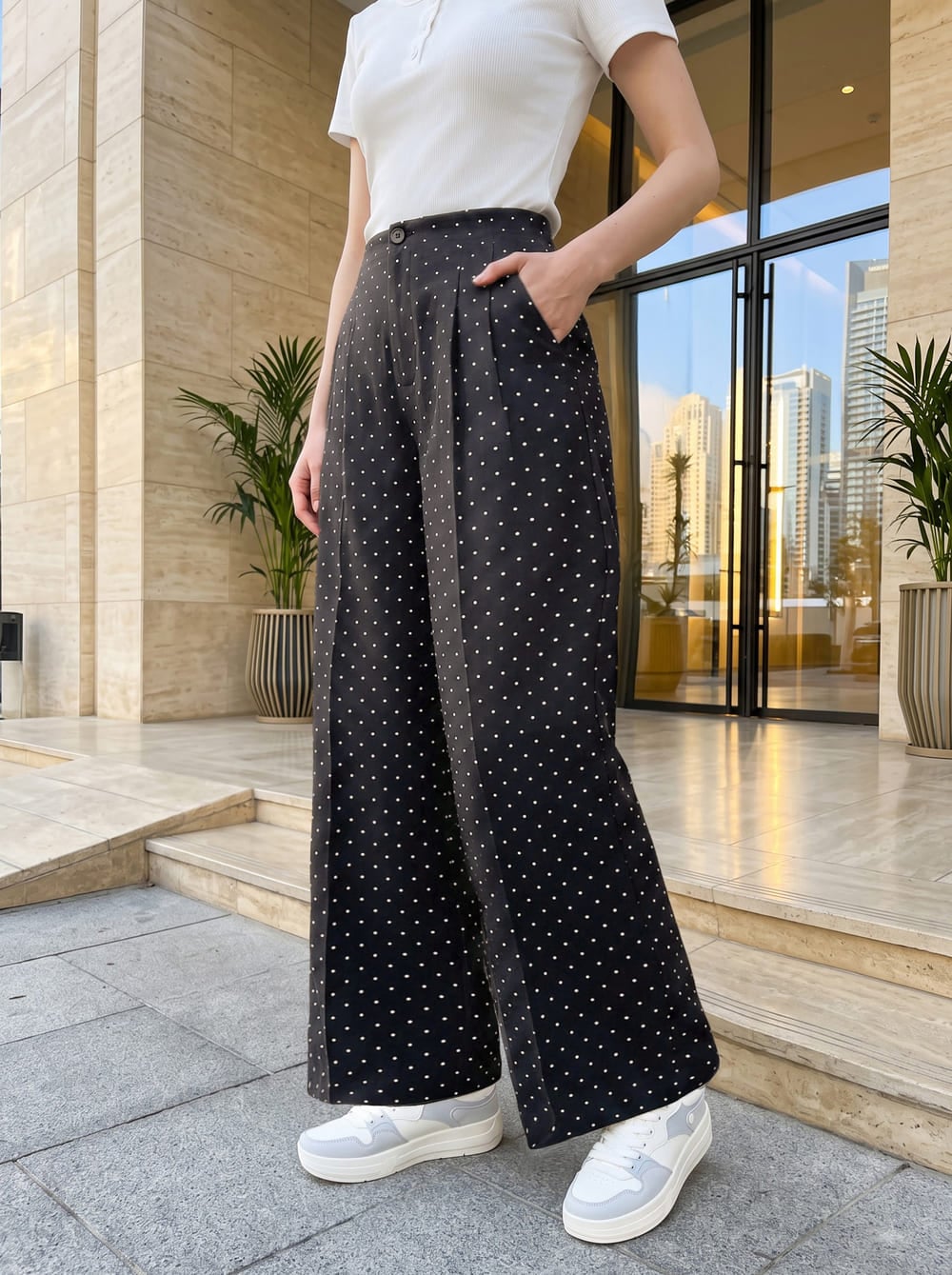 Quần denim ống suông cạp liền chấm bi