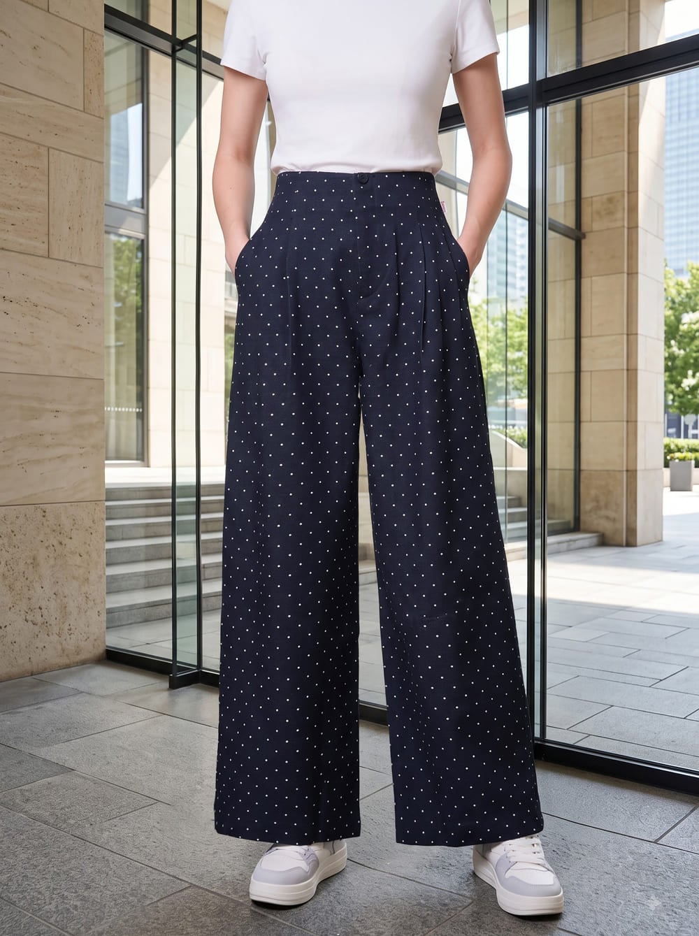 Quần denim ống suông cạp liền chấm bi