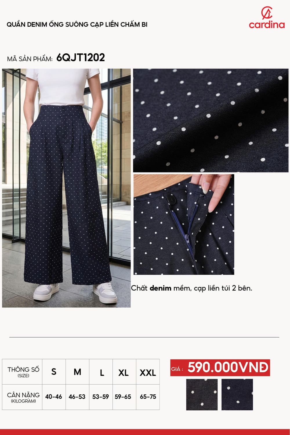 Quần denim ống suông cạp liền chấm bi