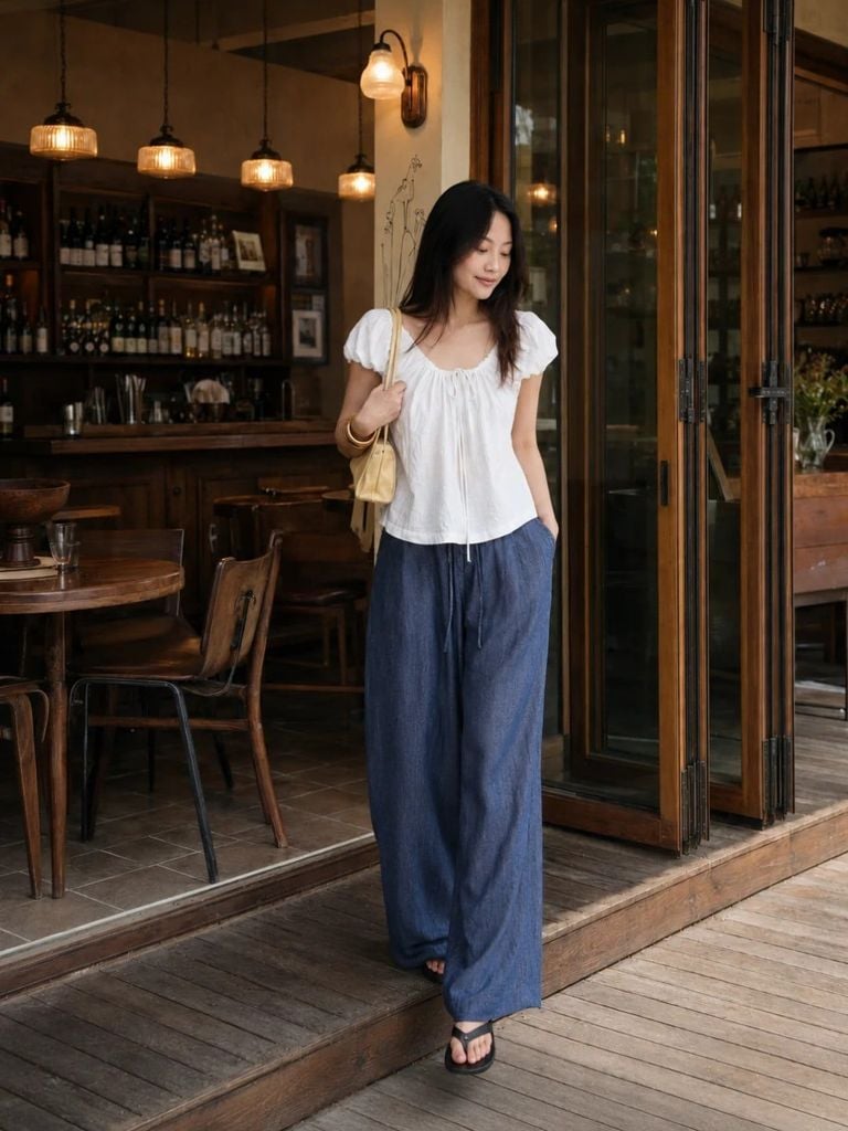 Quần đũi ống rộng mặc với áo gì