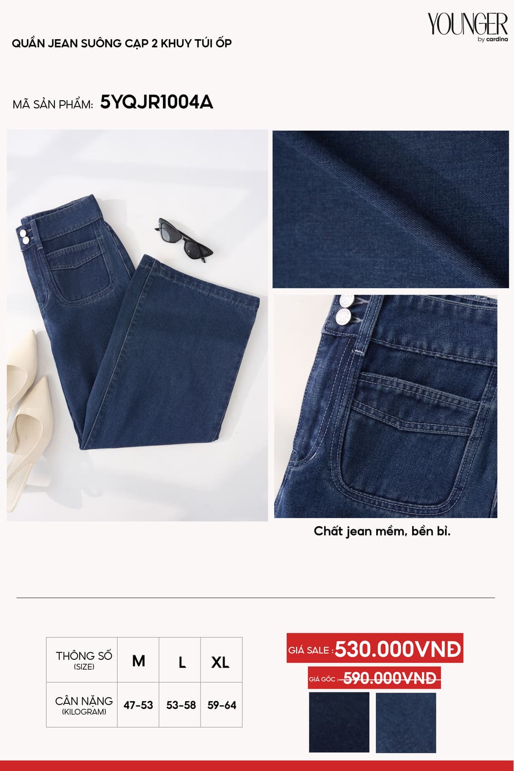 Quần jean suông cạp 2 khuy túi ốp