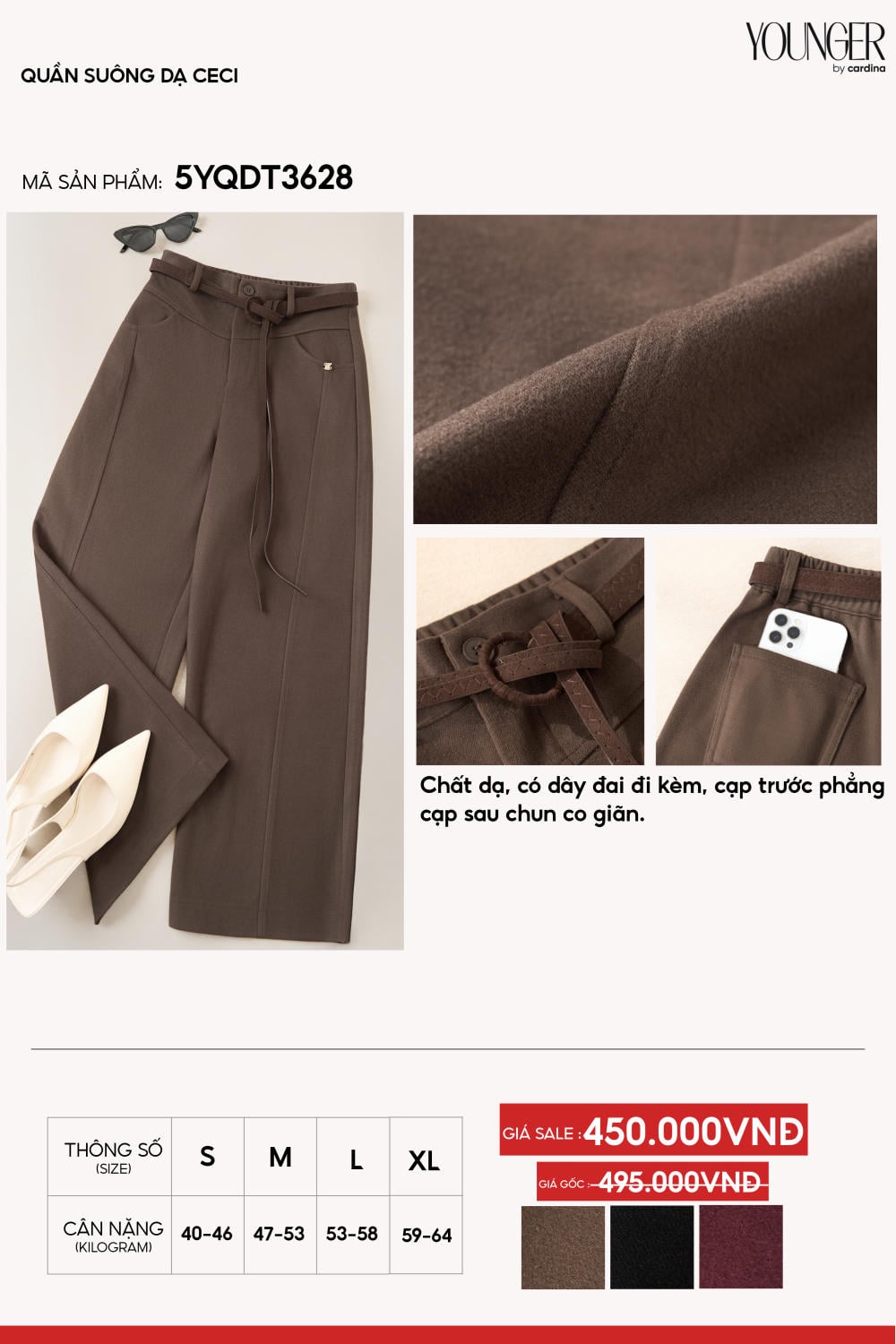 Quần suông dạ Ceci kèm đai cạp chun sau thời trang